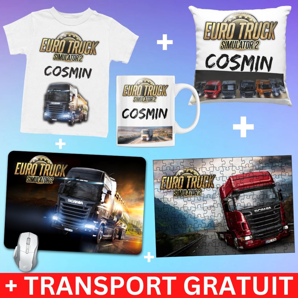 Set Cadou Personalizat Euro Truck Simulator – Tricou, Cana, Perna, Mousepad si Puzzle - Cadomy.ro