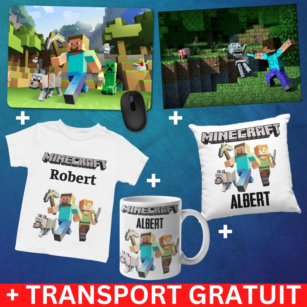 Set Cadou Personalizat Minecraft cu Nume – Tricou, Cana, Perna, Mousepad si Puzzle - Cadomy.ro