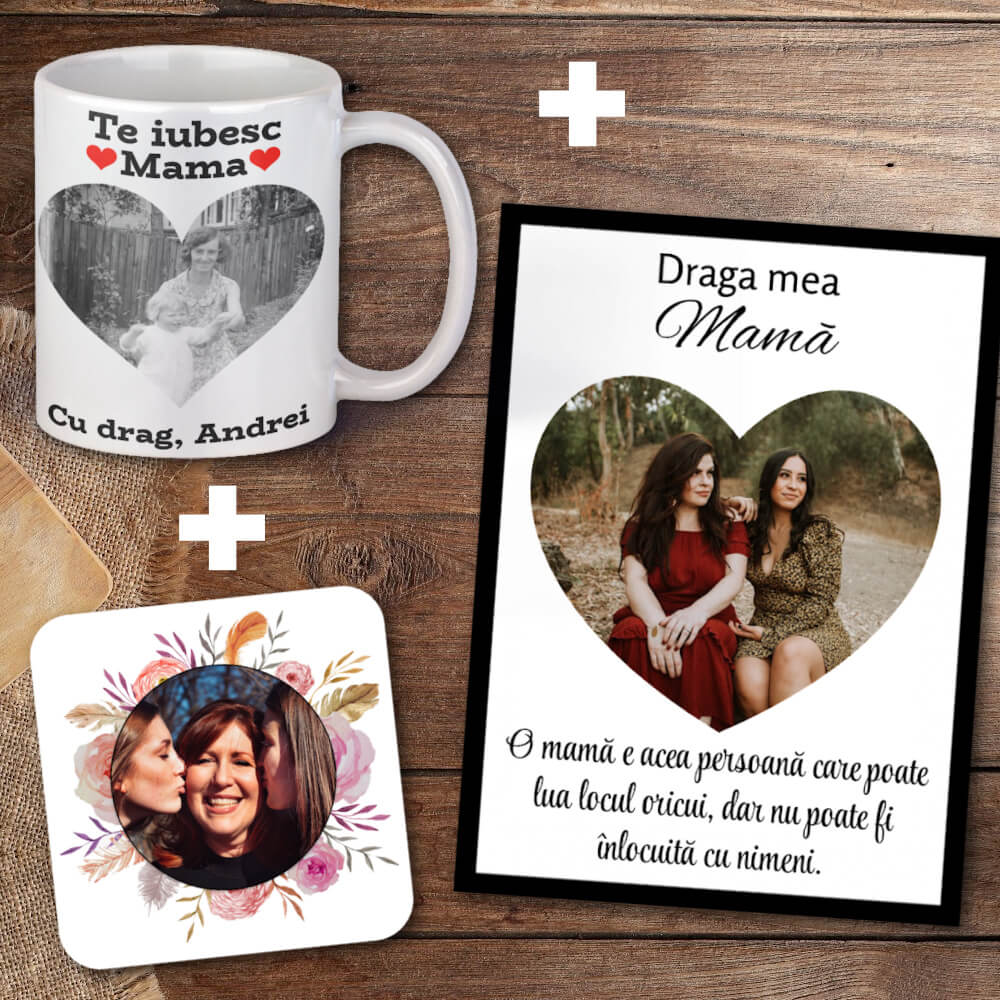 Set cadou personalizat pentru mama - Cana + Suport cana + Tablou personalizat - Cadomy.ro