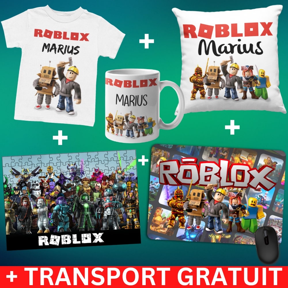 Set Cadou Personalizat Roblox cu Nume – Tricou, Cana, Perna, Mousepad si Puzzle - Cadomy.ro