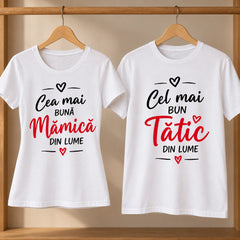Set de tricouri cu mesaje pentru mamă și tată, model pentru femeie și bărbat