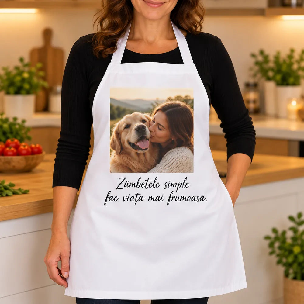 Șorț de bucătărie alb cu fotografie și mesaj personalizat