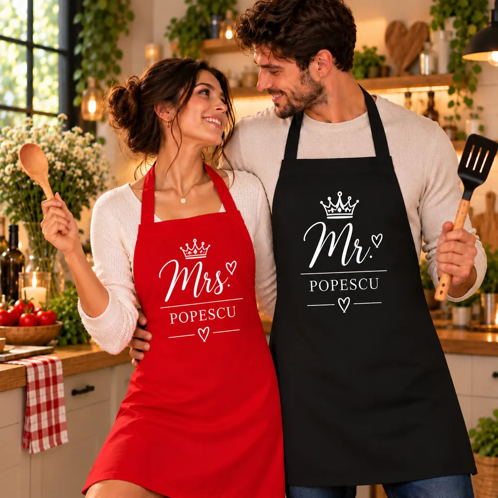 Șorțuri de bucătărie Mrs & Mr personalizate cu numele de familie