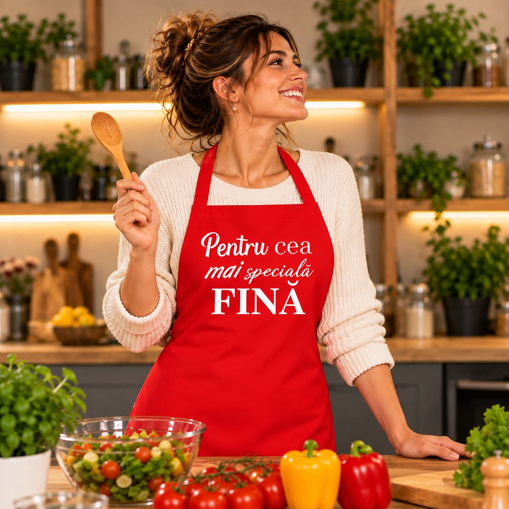 Două șorțuri de bucătărie personalizate pentru fin și fină, unul negru și unul roșu, cu mesaje dedicate