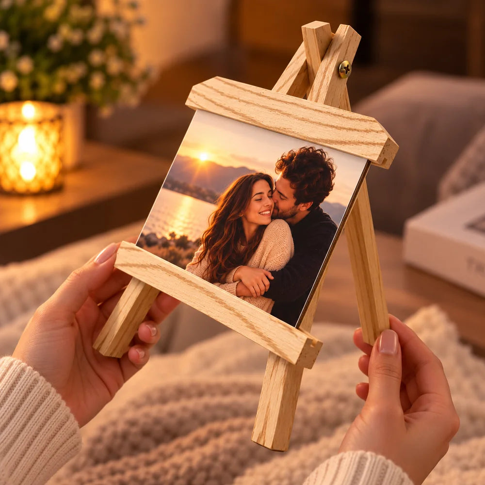 Șevalet foto personalizat din lemn cu poză de cuplu, suport decorativ