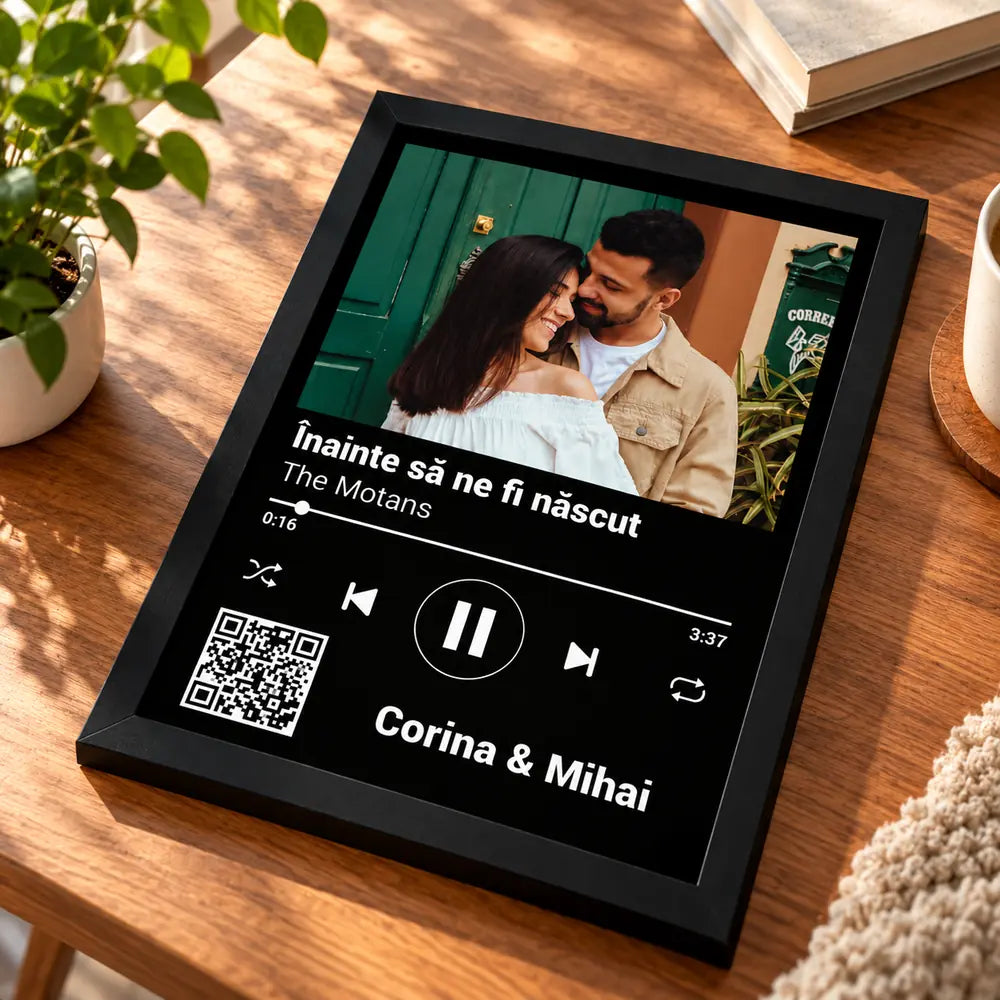 Tablou personalizat cu poză, melodie și cod QR scanabil pentru ascultarea piesei pe telefon, idee de cadou pentru aniversarea relației