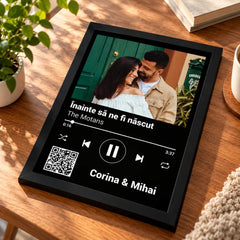 Tablou personalizat cu poză, melodie și cod QR scanabil pentru ascultarea piesei pe telefon, idee de cadou pentru aniversarea relației