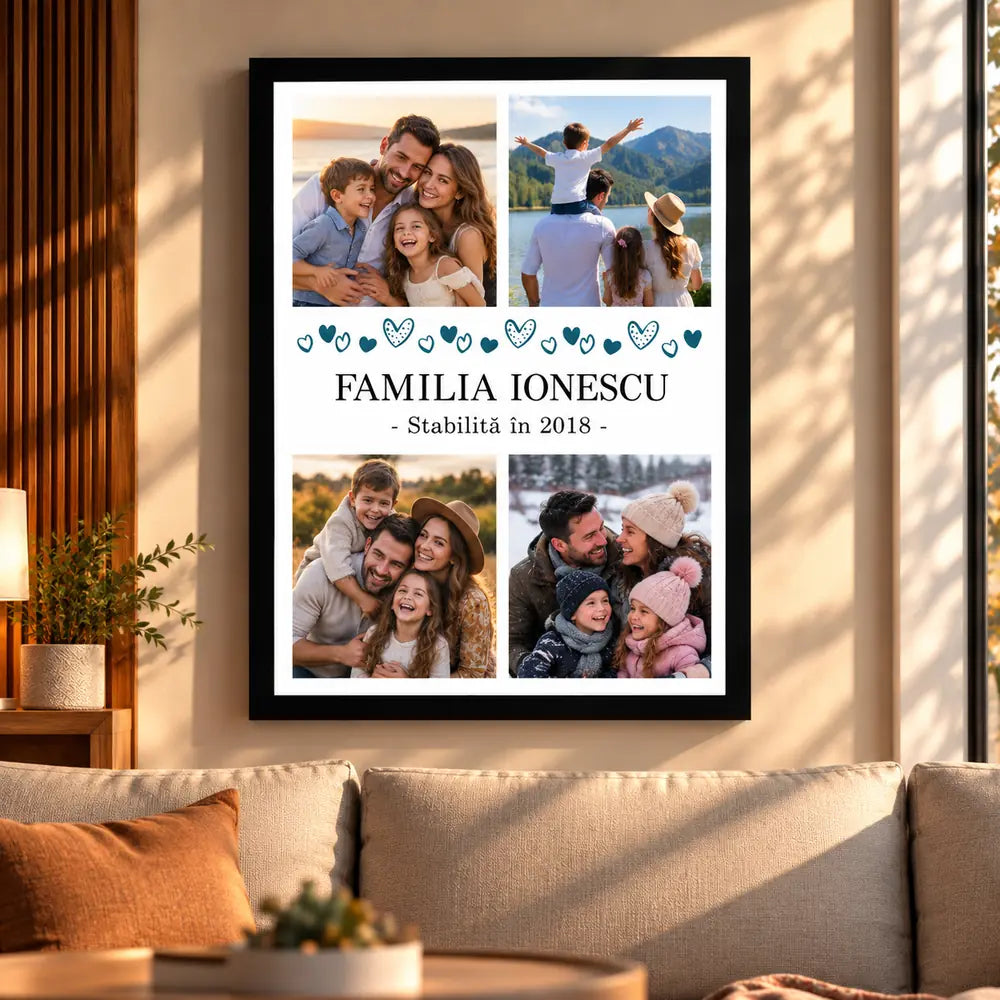 Tablou foto personalizat pentru familie, cu patru poze, nume și anul întemeierii familiei