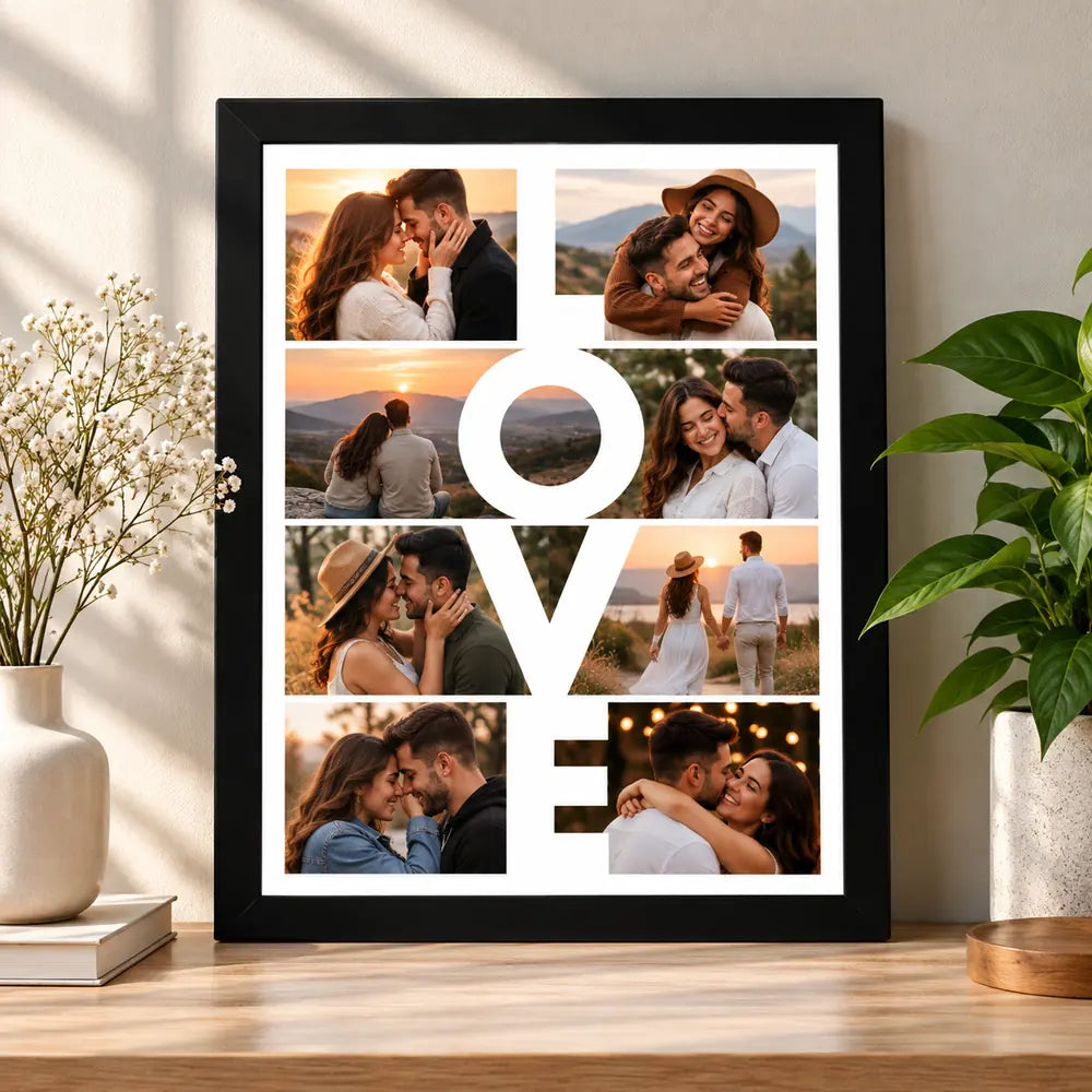 Tablou personalizat cu 8 poze în ramă neagră, cu fotografii de cuplu și inscripția albă LOVE