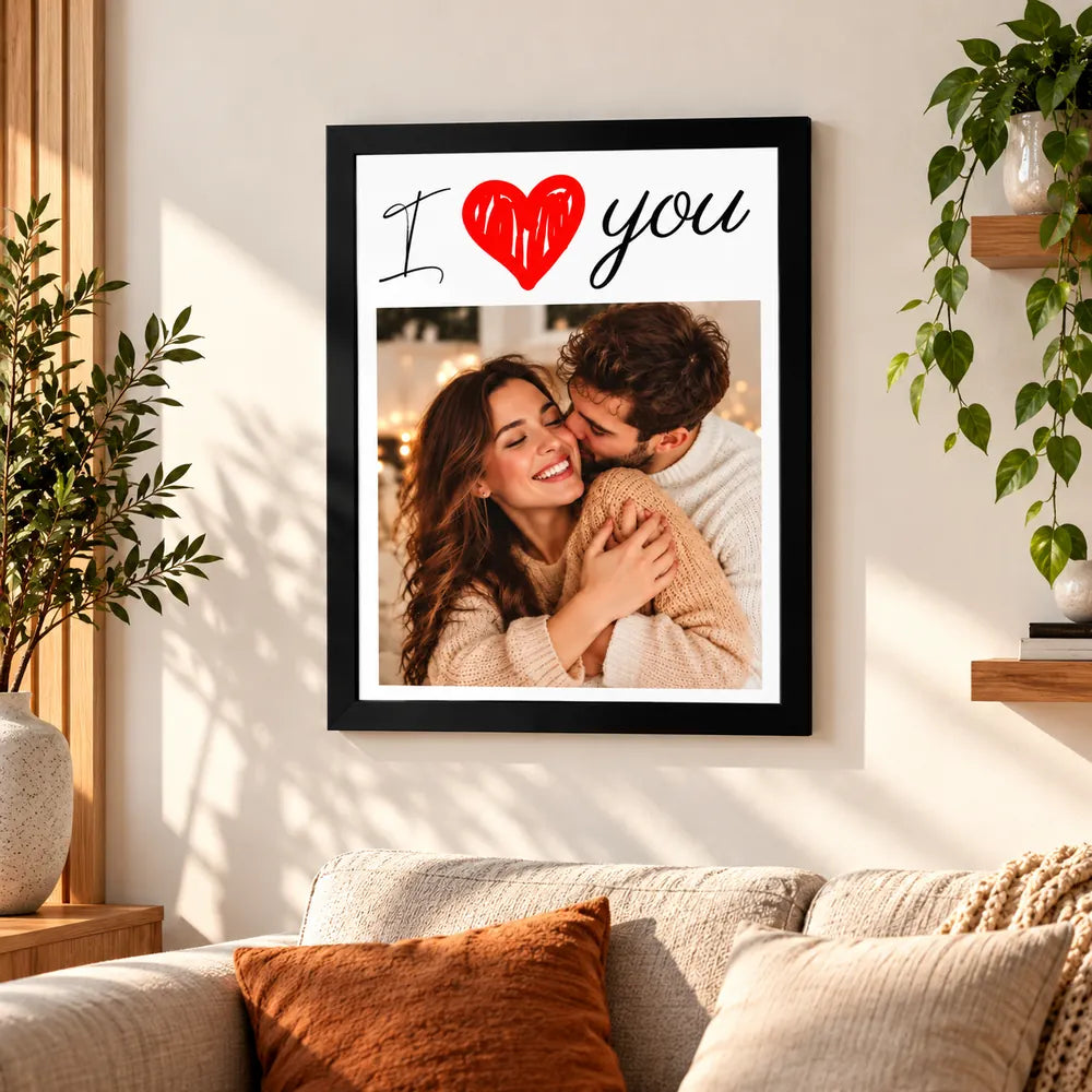 Tablou personalizat cu poză I Love You, fotografie de cuplu și inimă roșie