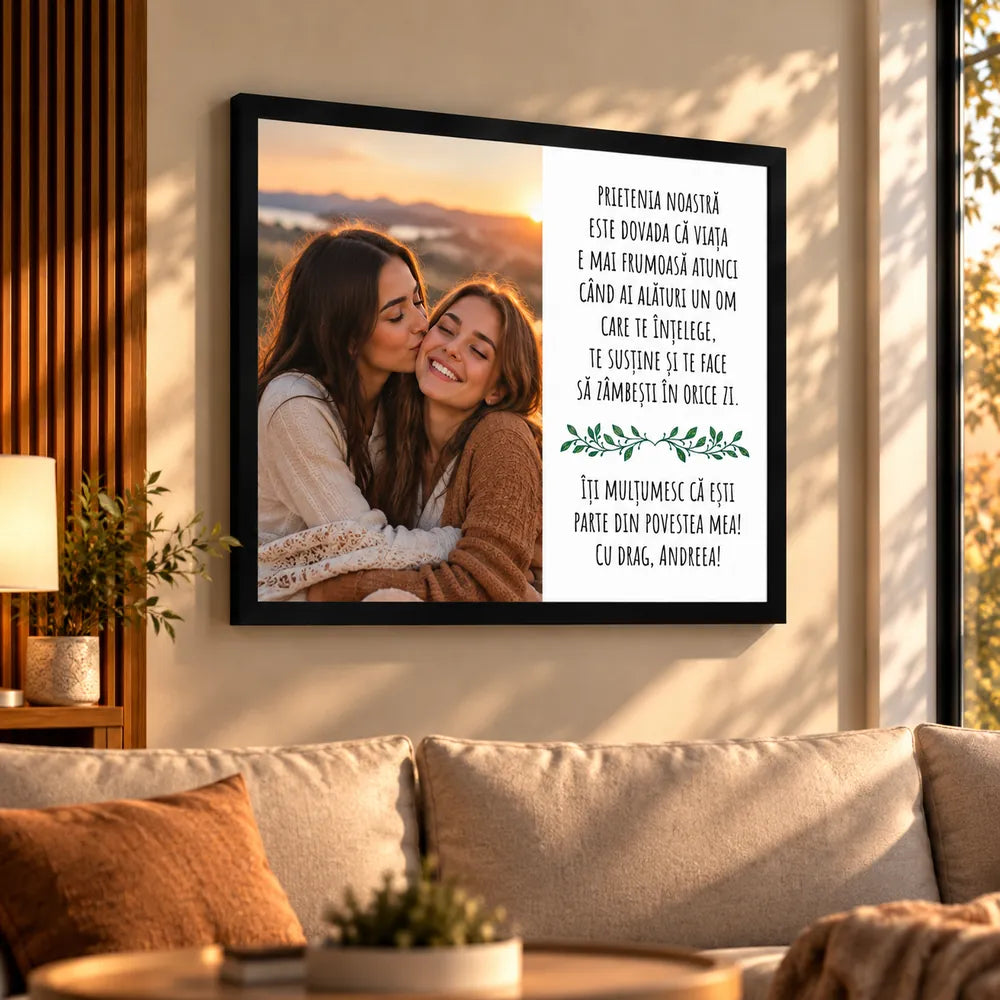 Tablou personalizat pentru cea mai bună prietenă, cu fotografia a două prietene, mesaj emoționant