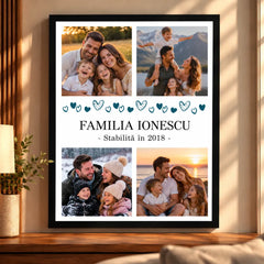 Tablou personalizat de familie cu 4 fotografii și numele familiei