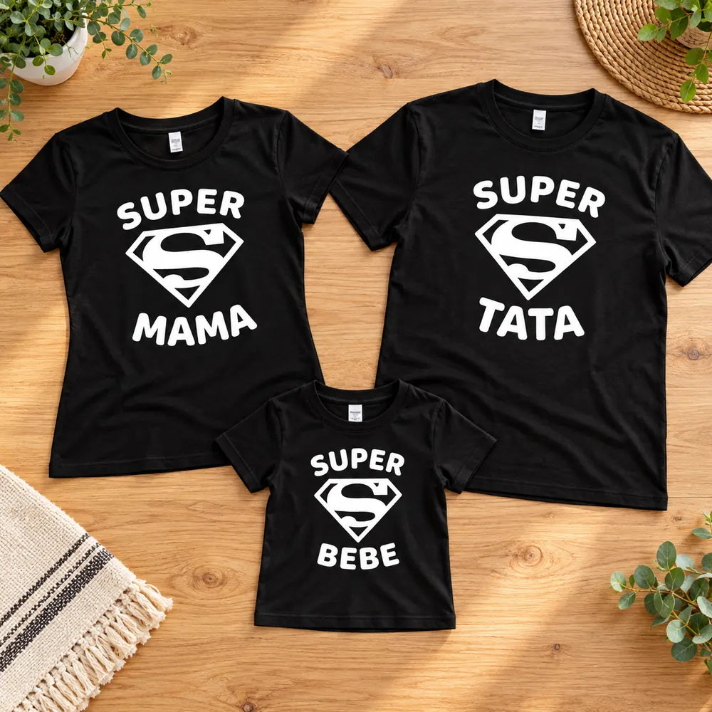 Tricouri pentru familie, negre asortate Super Mama, Super Tata și Super Bebe