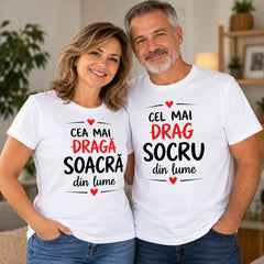 Tricouri cu mesaj pentru socri, cu textele Cea mai dragă soacră și Cel mai drag socru din lume