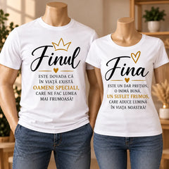 Două tricouri albe personalizate pentru fin și fină, cu mesaje speciale