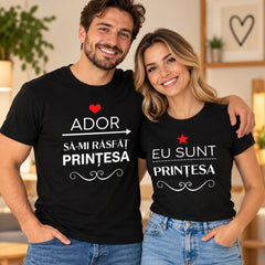 Set cadou pentru iubită și iubit cu două tricouri negre și mesaje romantice