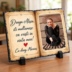 Cadou personalizat din ardezie, cu mesaj pentru o persoană dragă și fotografie