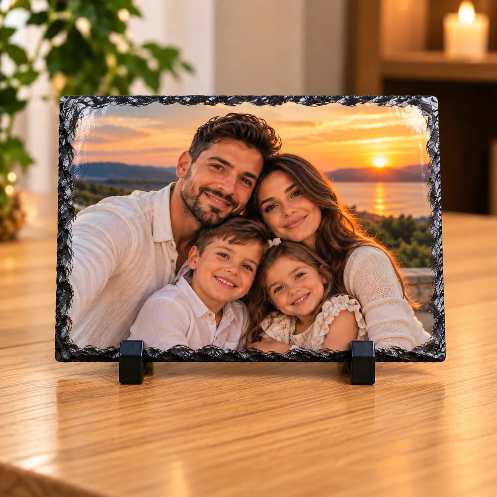Cadou personalizat cu poză de familie imprimată pe placă de ardezie dreptunghiulară cu suporturi