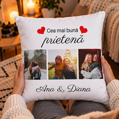 Cadou pentru cea mai bună prietenă, pernă personalizată cu fotografii și nume