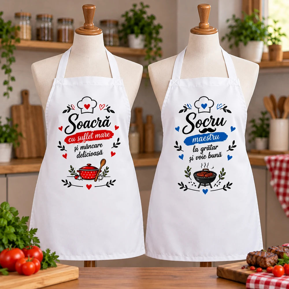 Set 2 șorțuri personalizate cu mesaj, cadou pentru soacră și socru