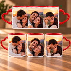 Cană personalizată cu 3 poze, interior colorat și mâner în formă de inimă