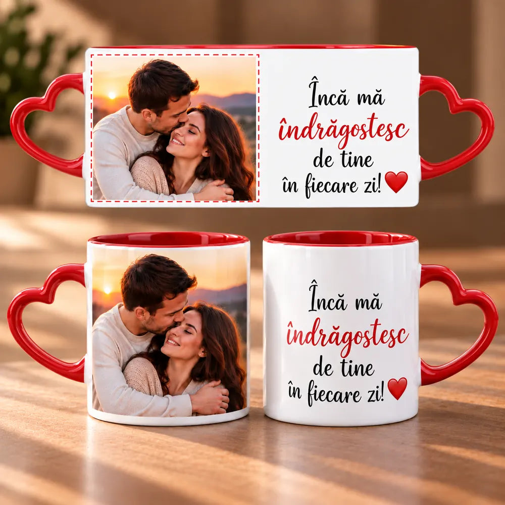 Cană personalizată cu poză și mesaj, interior colorat și mâner în formă de inimă
