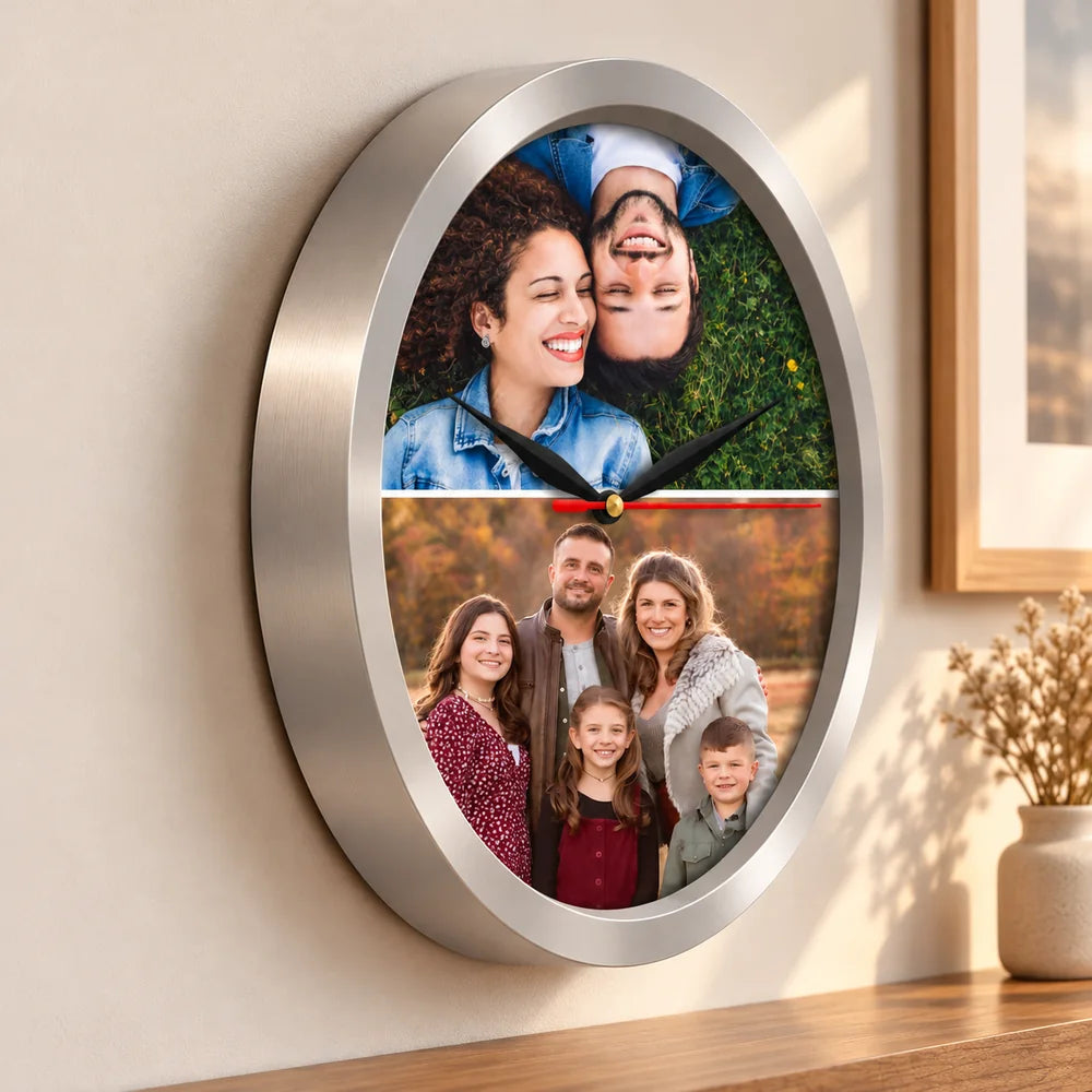 Ceas personalizat cu 2 poze de cuplu și familie, cu ramă argintie