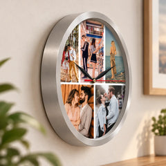Ceas foto personalizat cu 5 fotografii separate prin linii albe și ramă metalică argintie