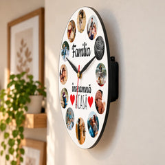 Ceas foto personalizat cu 12 fotografii de familie, model rotund din MDF de 20 cm