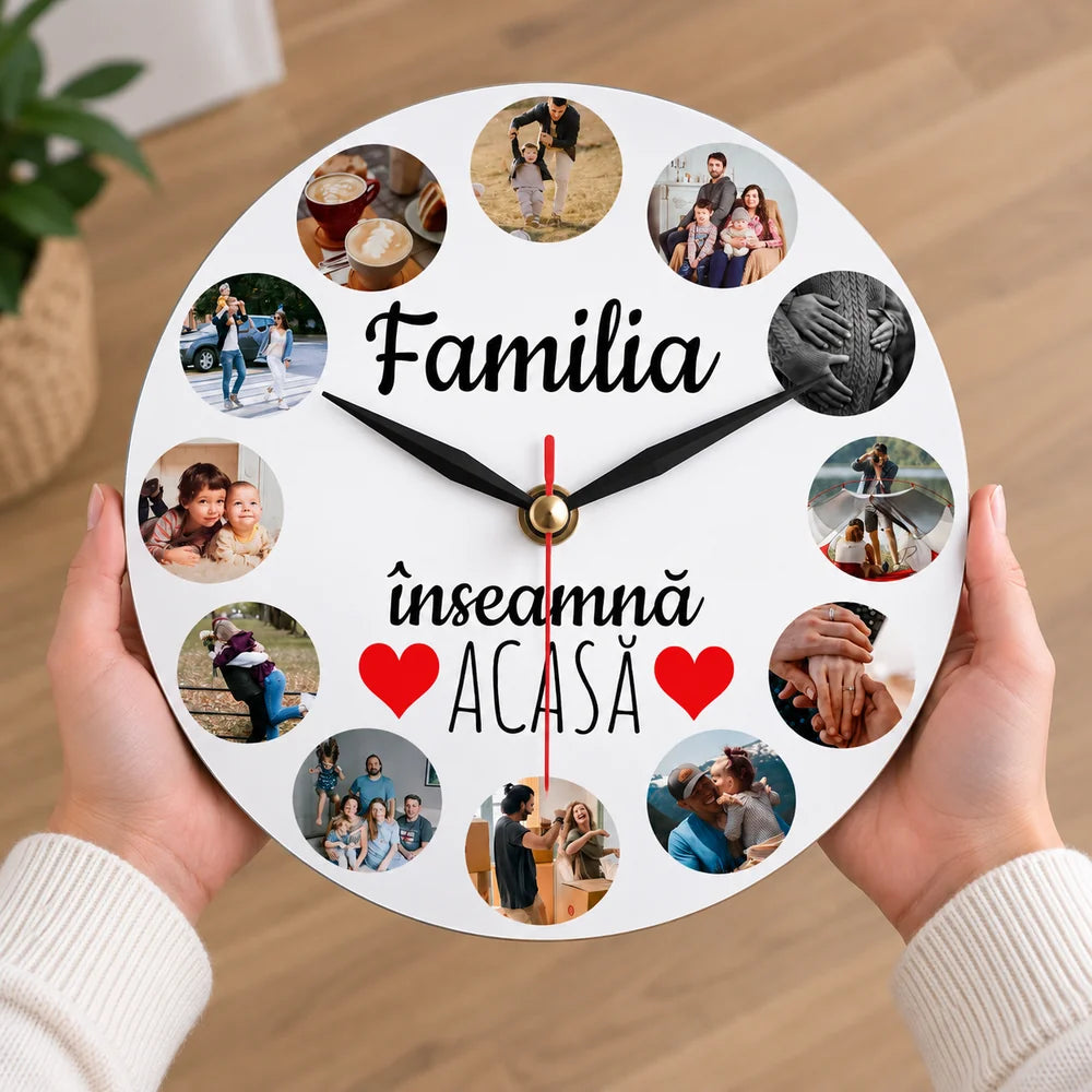 Ceas personalizat cu 12 poze – Familia înseamnă acasă