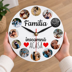 Ceas personalizat cu 12 poze – Familia înseamnă acasă