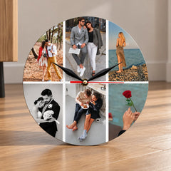Ceas personalizat cu 6 poze, model rotund din MDF, cu fotografii de cuplu