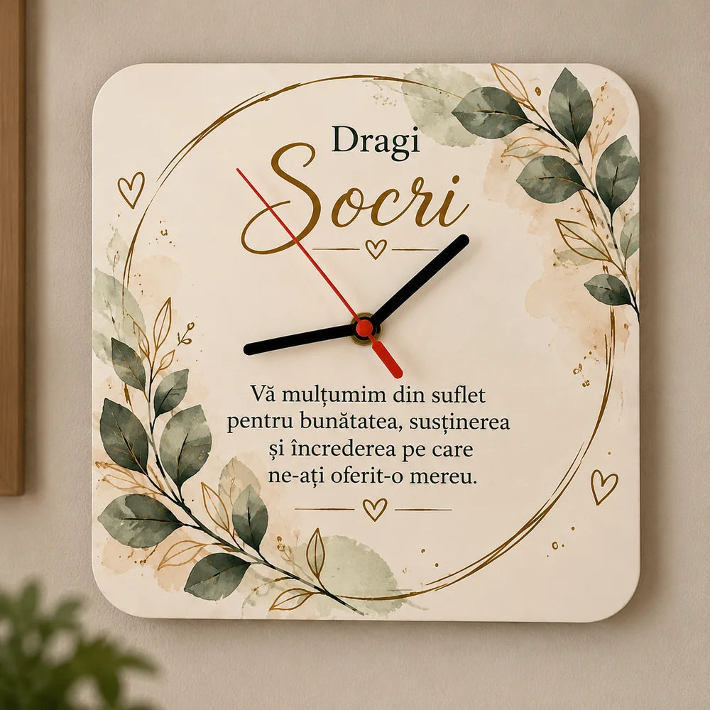 Ceas personalizat cu mesaj de mulțumire pentru socri și design floral