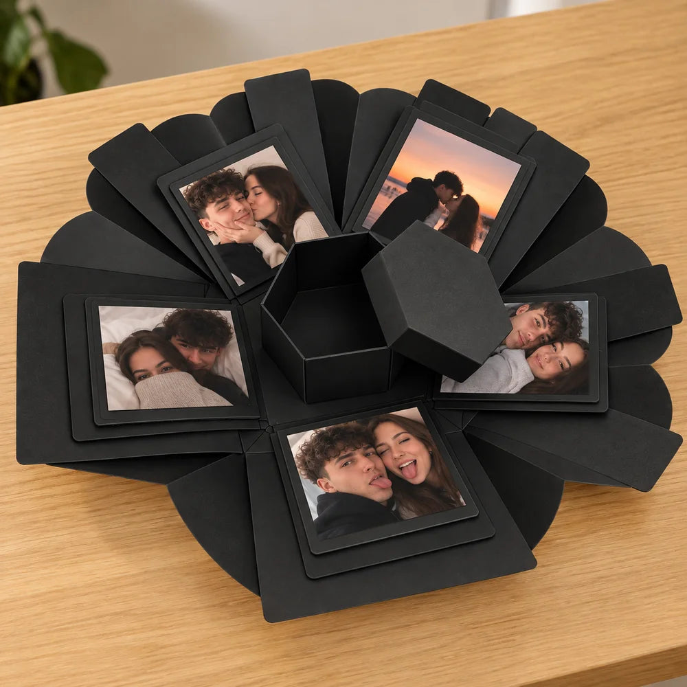 Cutie foto explozivă neagră în formă de inimă, personalizată