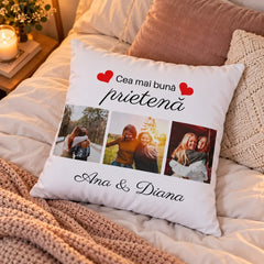 Pernă personalizată cu trei fotografii ale prietenelor și mesajul Cea mai bună prietenă