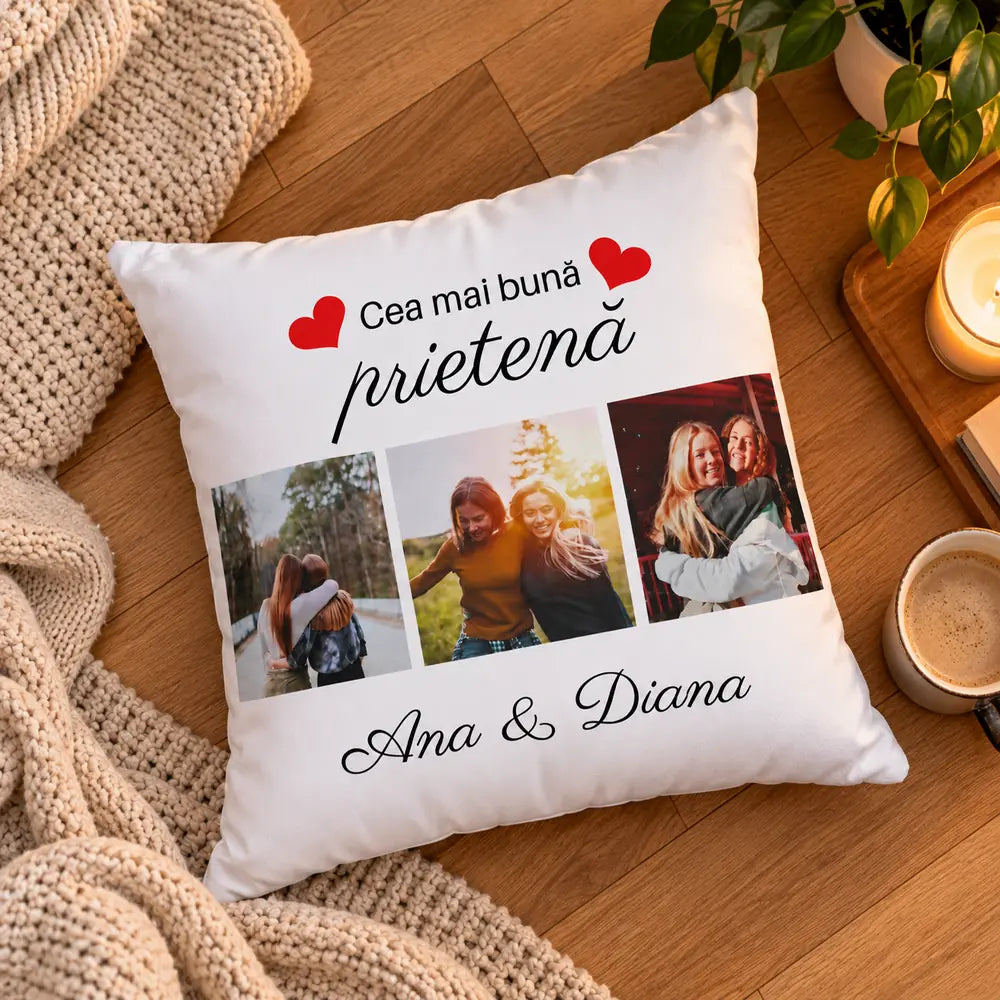 Pernă personalizată cu 3 poze și nume pentru cea mai bună prietenă