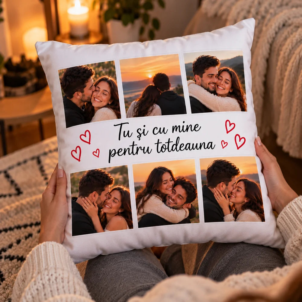 Pernă albă decorativă cu șase fotografii și text personalizat