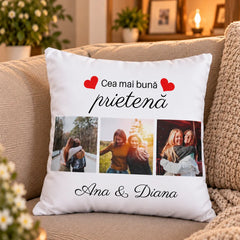 Pernă personalizată cu mesaj și poze pentru cea mai bună prietenă