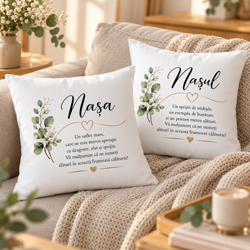 Două perne personalizate cu mesaje dedicate nașei și nașului