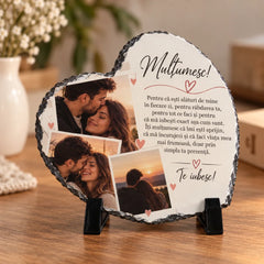 Placă ardezie în formă de inimă personalizată cu 3 poze și mesaj