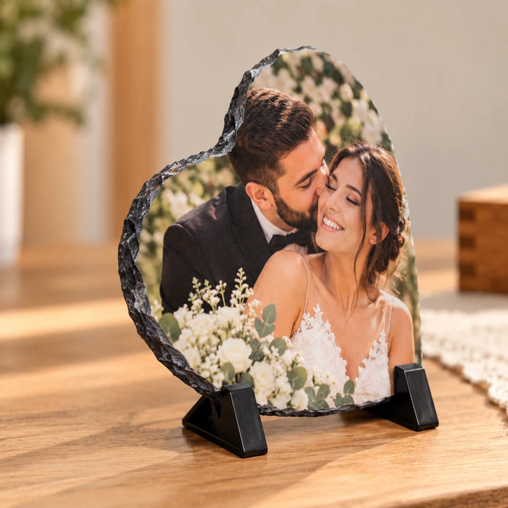 Placă de ardezie în formă de inimă personalizată cu poză