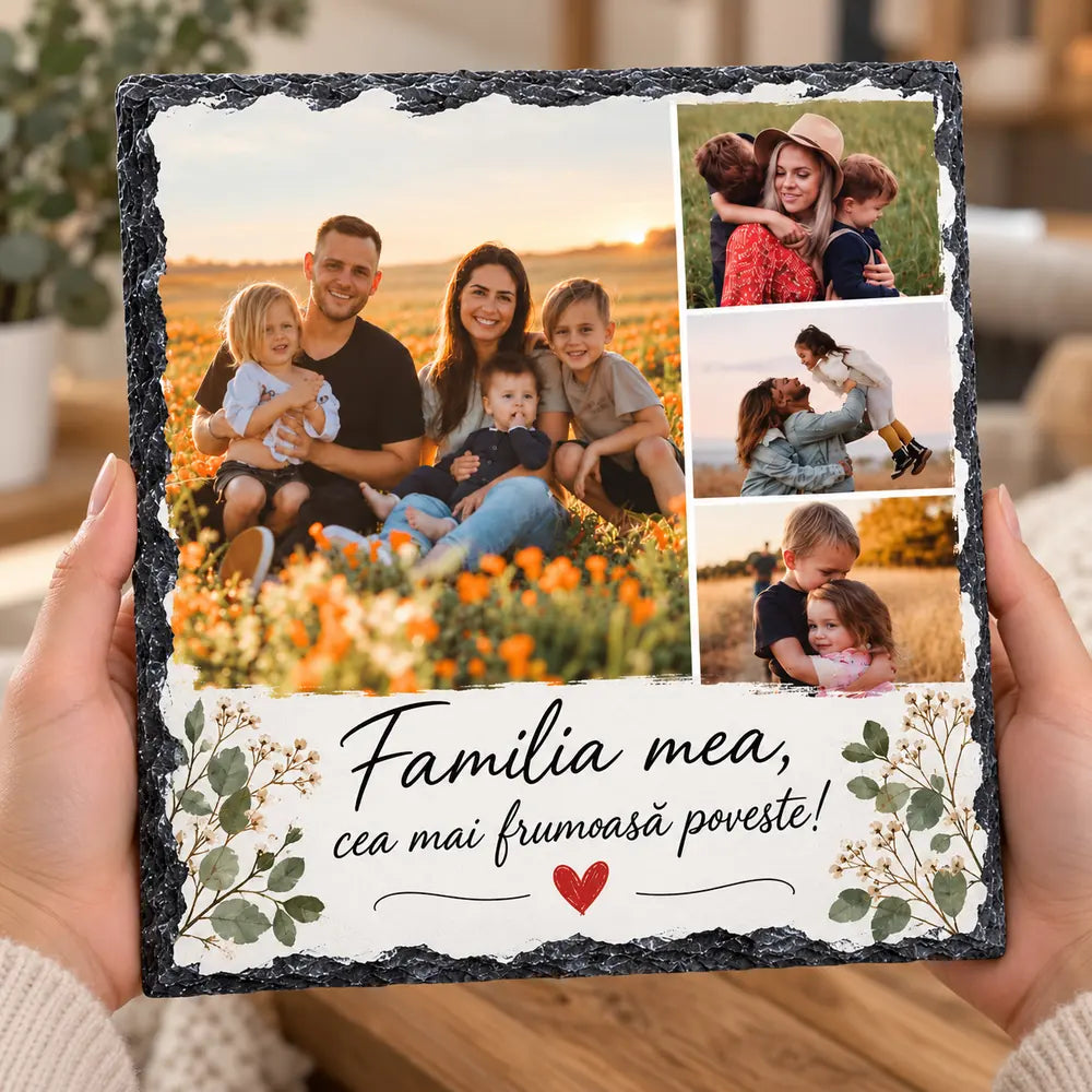 Placă foto pătrată din ardezie, personalizată cu fotografii și mesaj de suflet