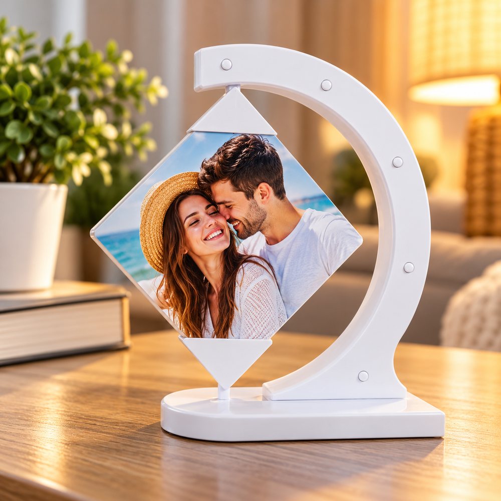 Plachetă foto rotativă albă, personalizată cu două fotografii