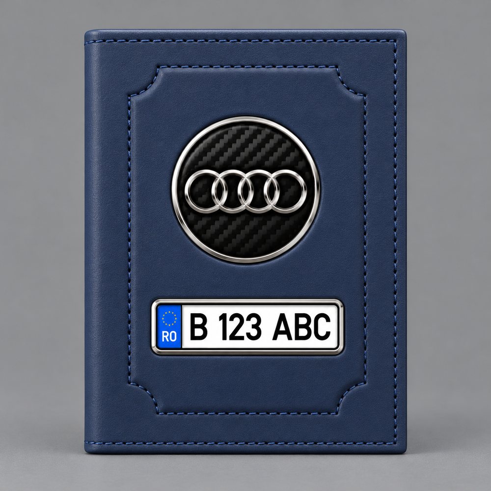 Portofel pentru documente auto Audi albastru, cu siglă și plăcuță de înmatriculare personalizabilă