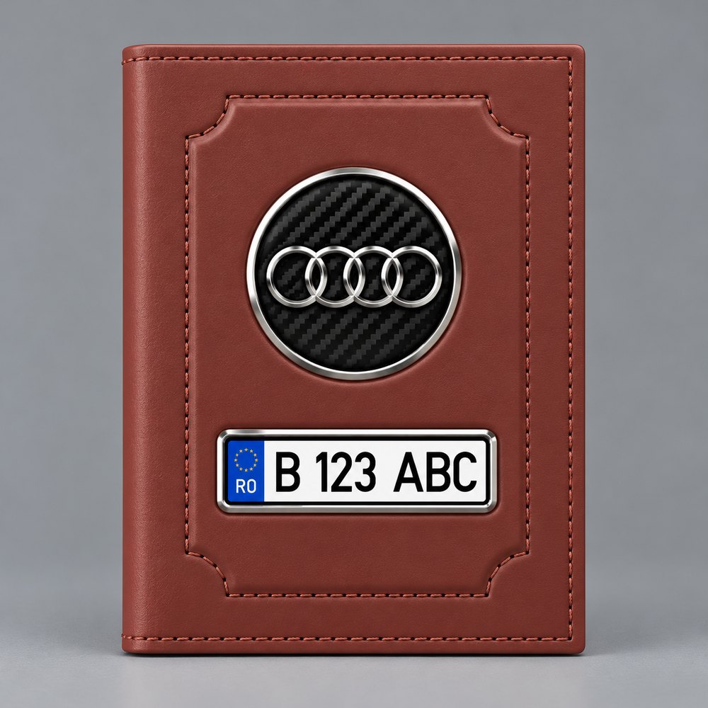 Portofel maro pentru acte auto Audi, din piele, cu emblemă și număr de înmatriculare personalizat