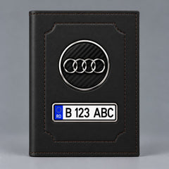 Portofel pentru acte auto Audi negru mat, cu emblemă și plăcuță personalizată cu numărul mașinii