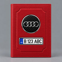 Portofel de acte auto Audi roșu, personalizat cu sigla mărcii și plăcuță cu numărul de înmatriculare