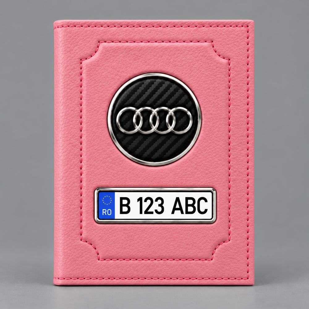 Portofel roz pentru acte auto Audi, cu emblemă și număr de înmatriculare personalizat