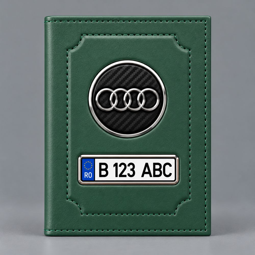 Portofel verde pentru documente auto Audi, cu emblemă și număr de înmatriculare personalizabil