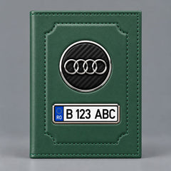 Portofel verde pentru documente auto Audi, cu emblemă și număr de înmatriculare personalizabil